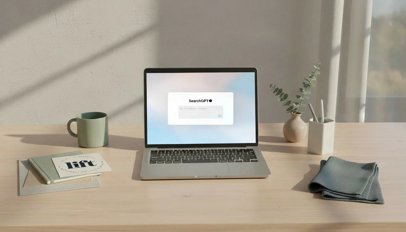 A clean, minimalist wooden desk with a laptop displaying SearchGPT, a green coffee mug, a closed notebook with the word 'life' on it, a small vase with green foliage, a white cup with pens, and a gray cloth napkin, in front of a window with sheer curtains and natural sunlight.
