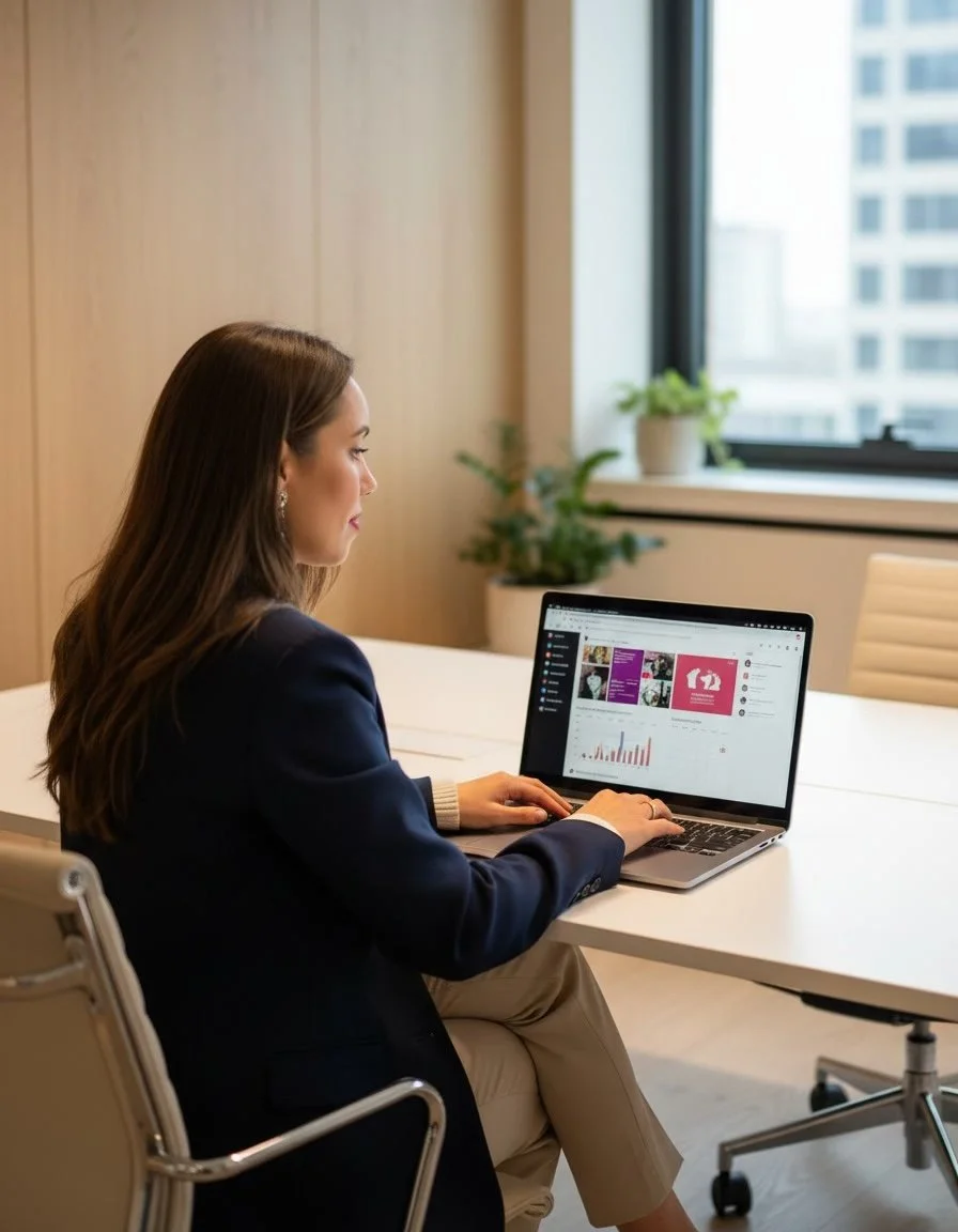 Woman edits social media video on laptop