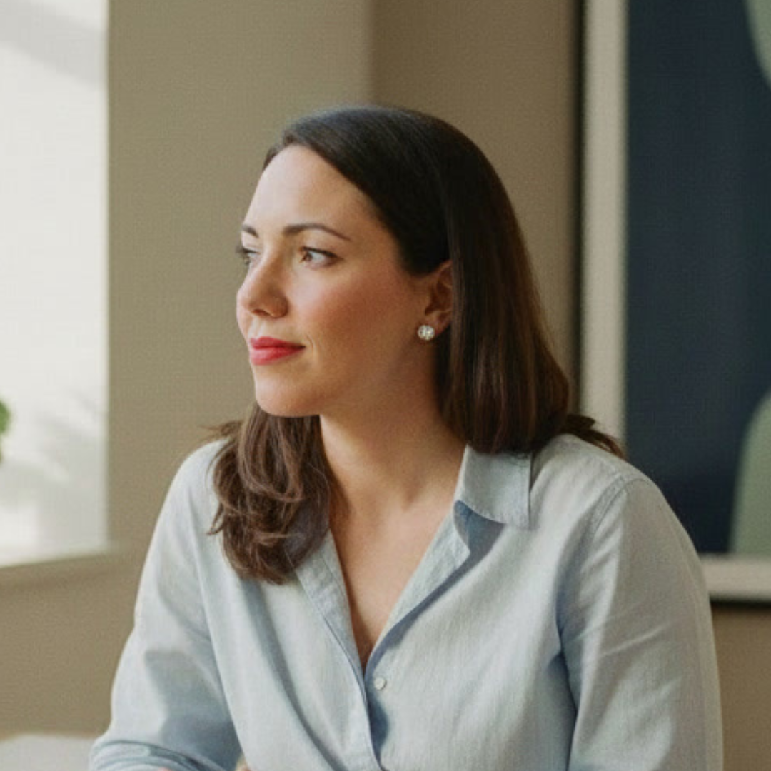 A woman with dark brown hair, wearing pearl earrings and a light-colored button-up shirt, looking to her left in an indoor setting.