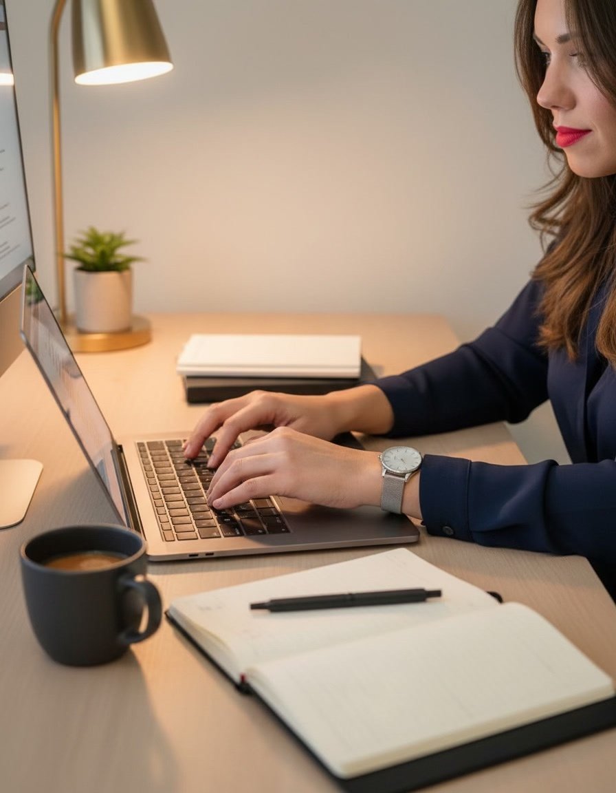 Copywriter types on laptop