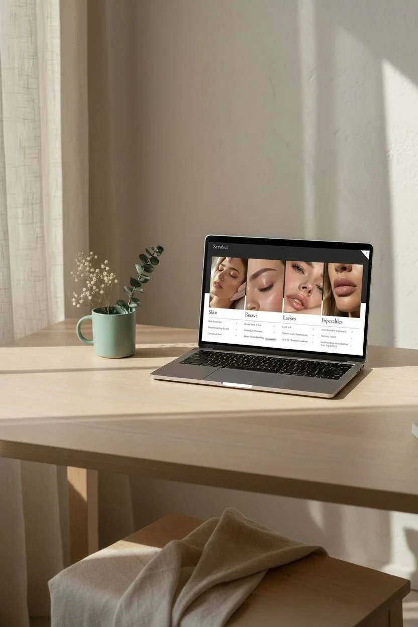Laptop open on a light-colored wooden desk displaying skincare images and descriptions. A small, mint green mug with a sprig of greenery inside sits near the laptop. Sunlight streams in from the left, illuminating part of the desk and nearby wall.