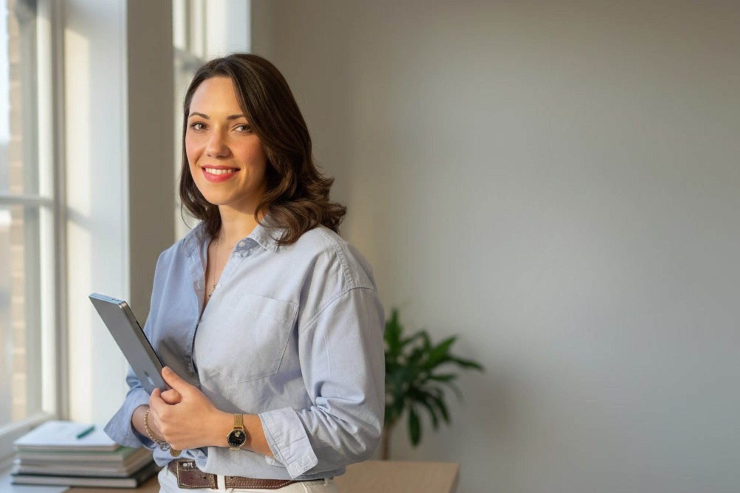 A woman with shoulder-length brown hair, smiling and holding a tablet, standing near a large window in a well-lit room with a potted plant in the background.