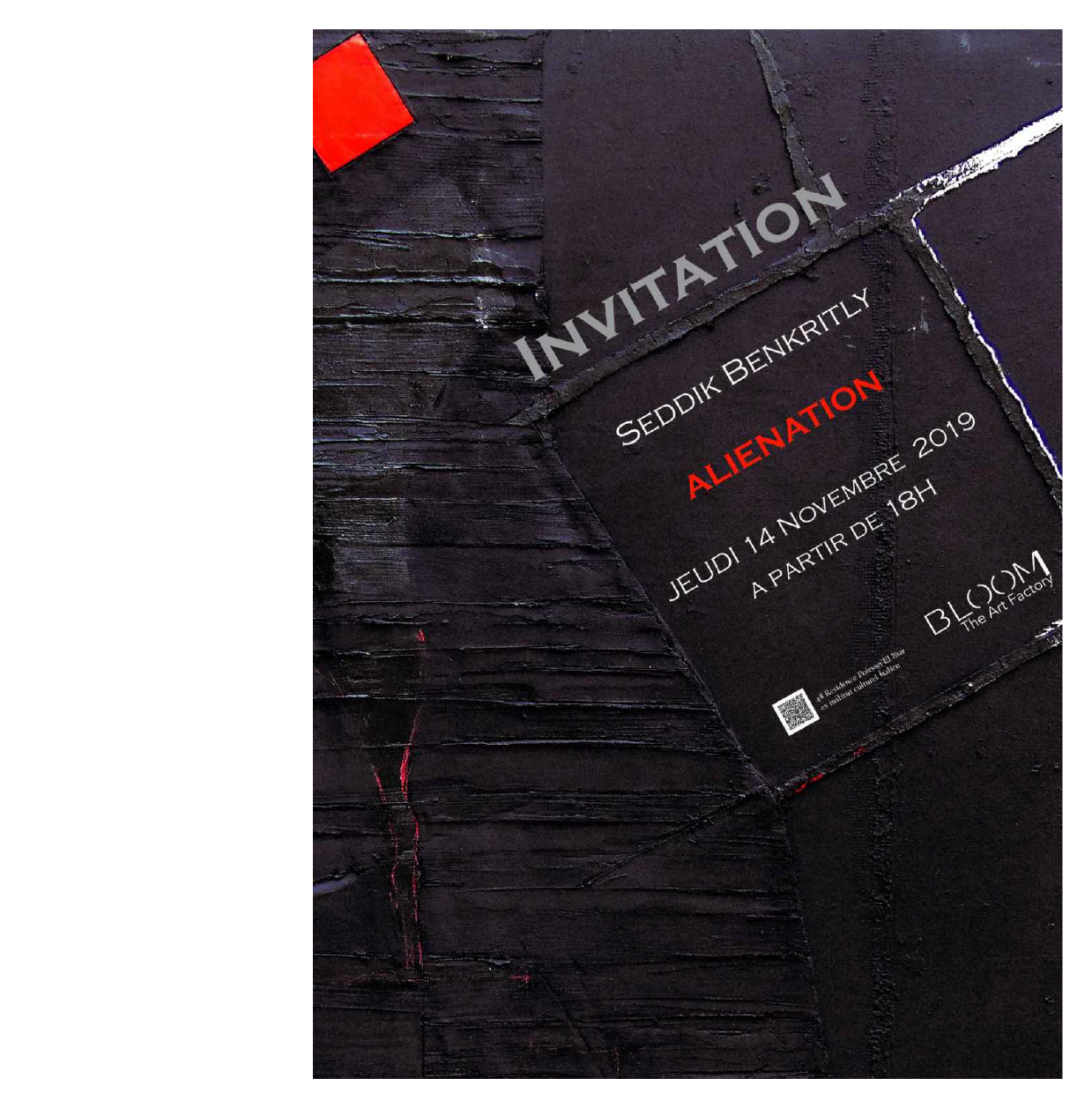 Invitation à un événement d'art contemporain intitulé  celienation bb par Seddik Benkrity, prévu le jeudi 14 novembre 2019 à partir de 18h, au BLOOM, The Art Factory.