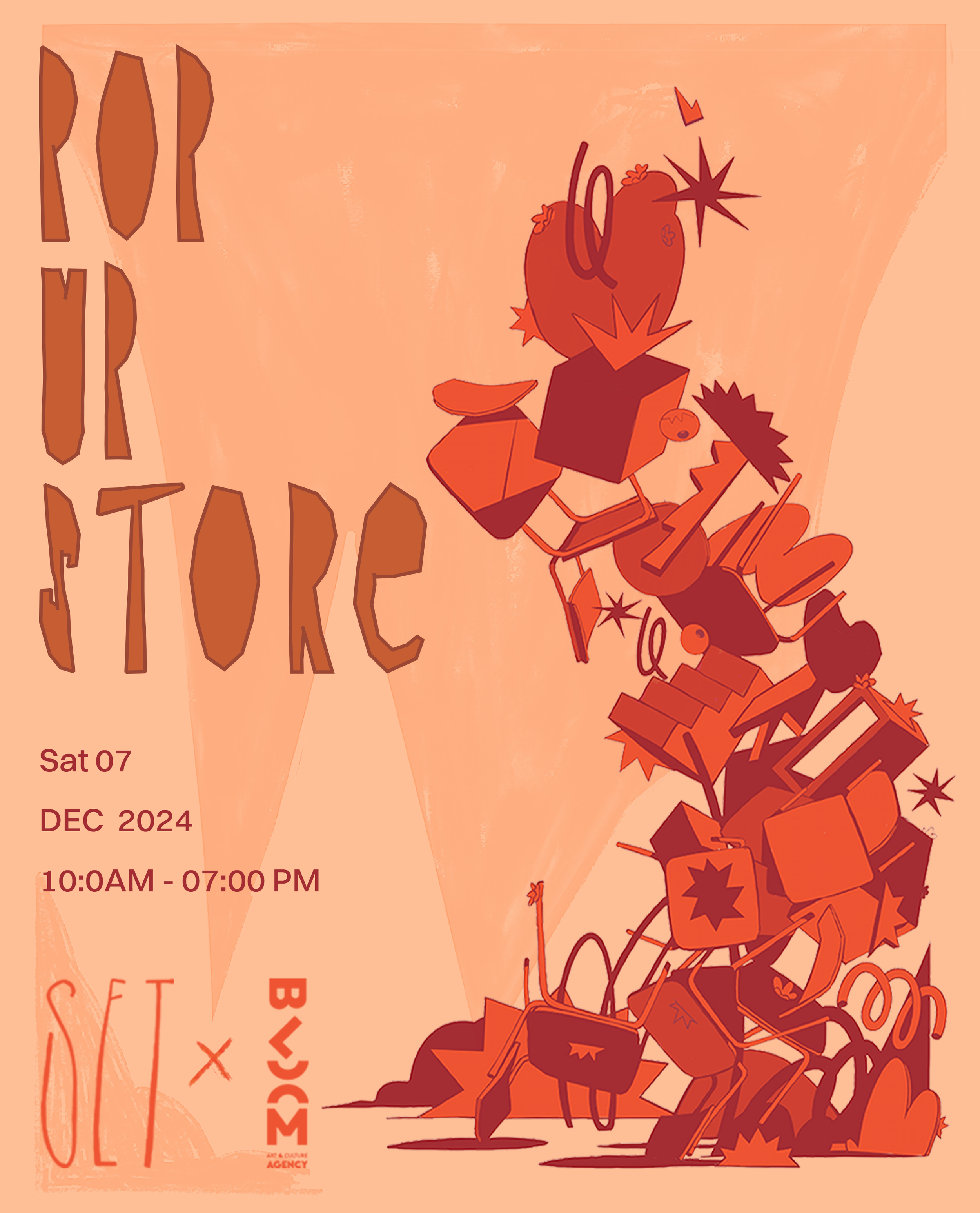 Une affiche promotionnelle pour un événement appelé 'Pop Art Store' se tenant le samedi 7 décembre 2024, de 10h00 à 19h00. L'affiche a un fond orange avec une illustration artistique de formes géométriques stylisées, représentant un groupe de personn