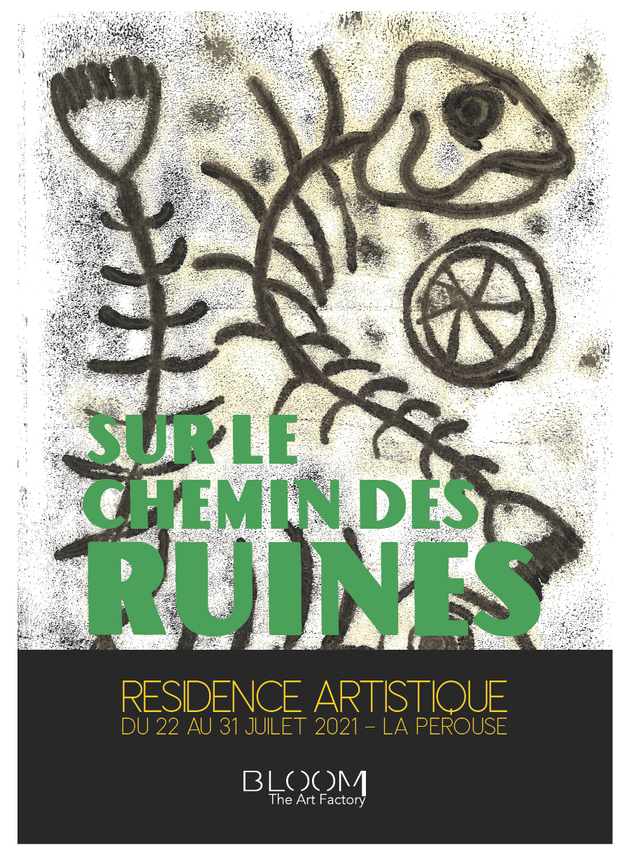 Affiche promotionnelle pour une résidence artistique intitulée 'Sur le chemin des ruines', du 22 au 31 juillet 2021 à La Perouse. Illustration en noir et blanc représentant un serpent avec une tête de dinosaure ou un reptile, une roue à paillettes et