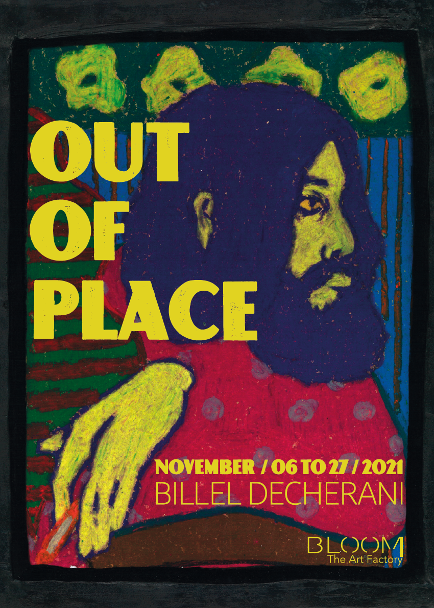 Affiche d'une œuvre d'art représentant un portrait stylisé d'un homme avec une barbe, des cheveux longs et une chemise rouge à pois, intitulée "Out of Place" de Billet Decherani, pour une exposition au Bloom Art Factory en novembre 2021.