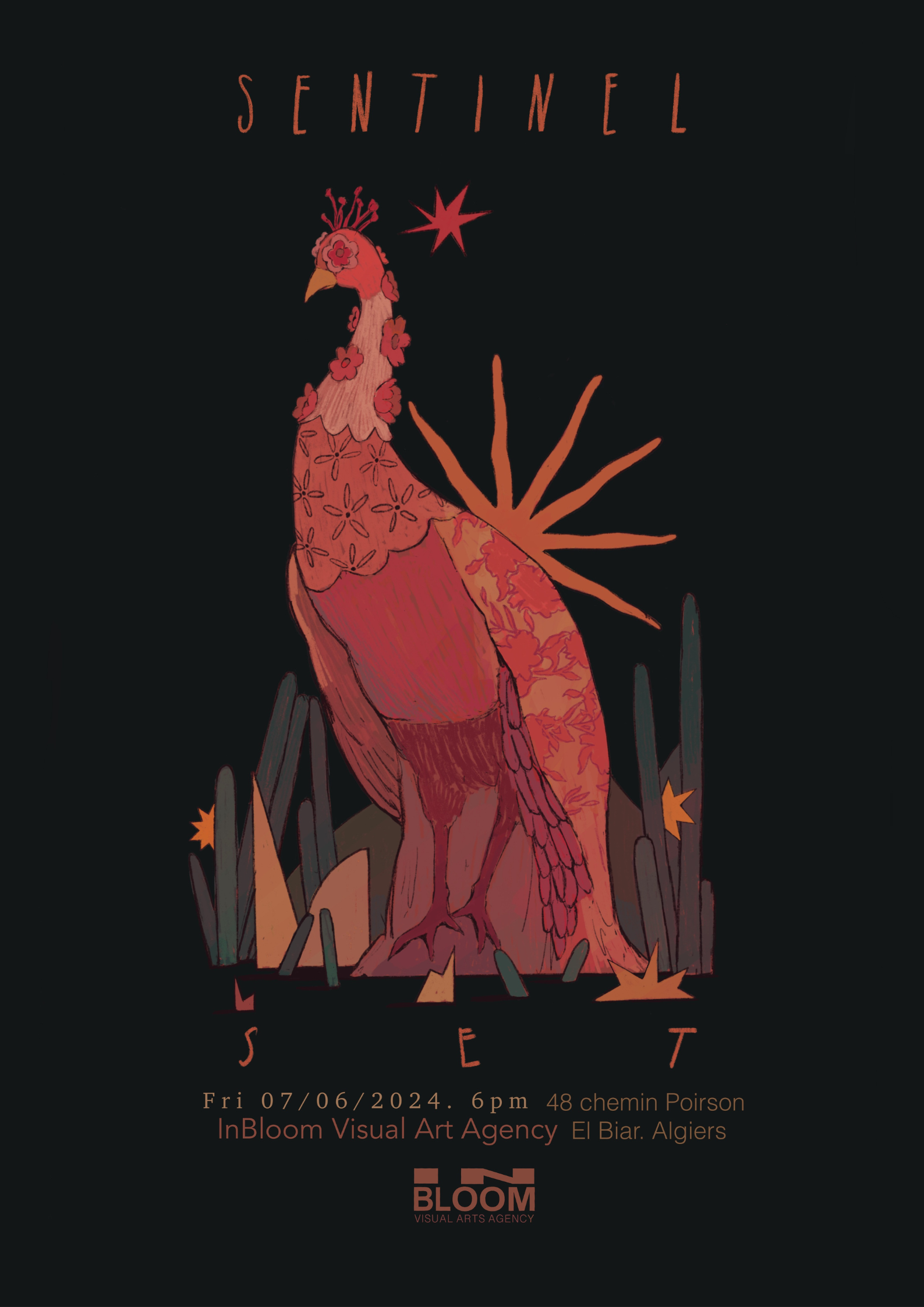 Une affiche promotionnelle pour une exposition d'art intitulée "Sentinel Set." L'affiche montre un animal fantastique ressemblant à un paon, illustré dans un style artistique avec des détails floraux et un fond sombre.