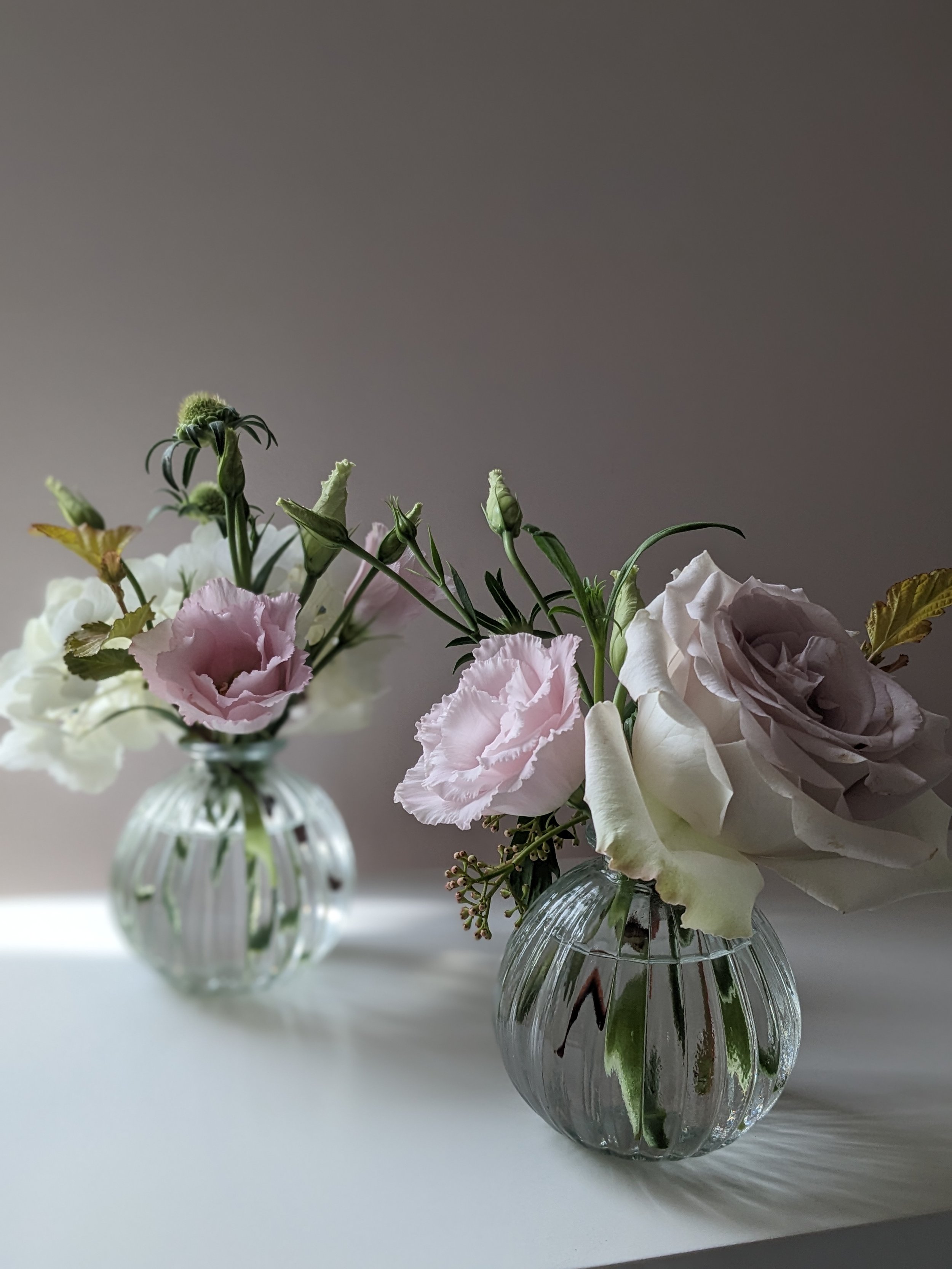 Lilac and white bud vases