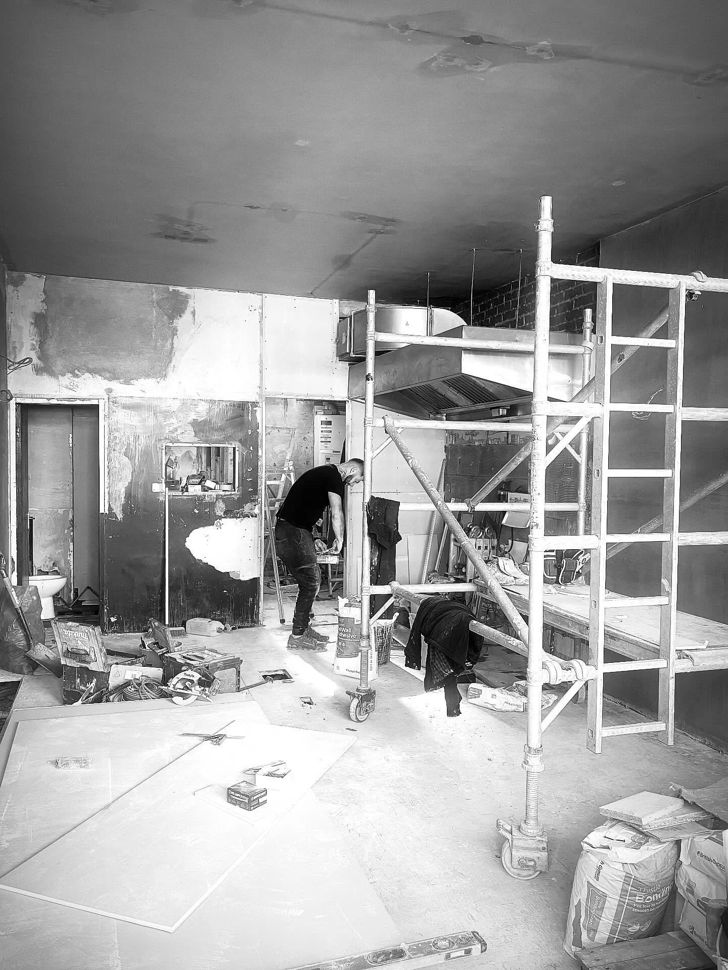 *UPDATE*

Electrics are now safe.
Plastering&rsquo;s done.
Stud walls are up.
Plumbing next up.

We finally have the skeleton of a clean, tidy and safe space. 

Time to put some meat on the bones now.

Have a nice Sunday x