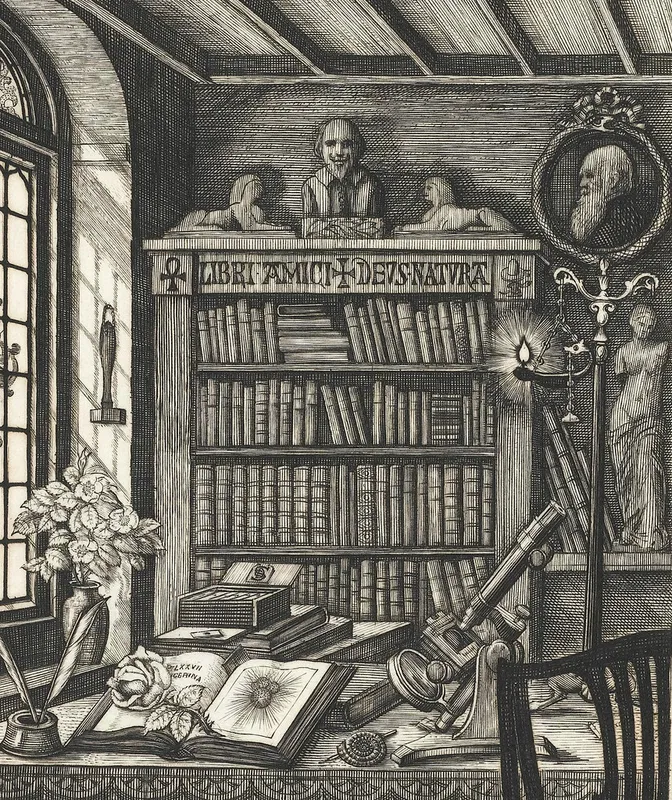 Black and white illustration of a classical library with a bookshelf filled with books, a telescope, an open book, a candelabra, flowers, and various decorative objects. There are busts and statues, including one with a mirror, and a window letting in light.