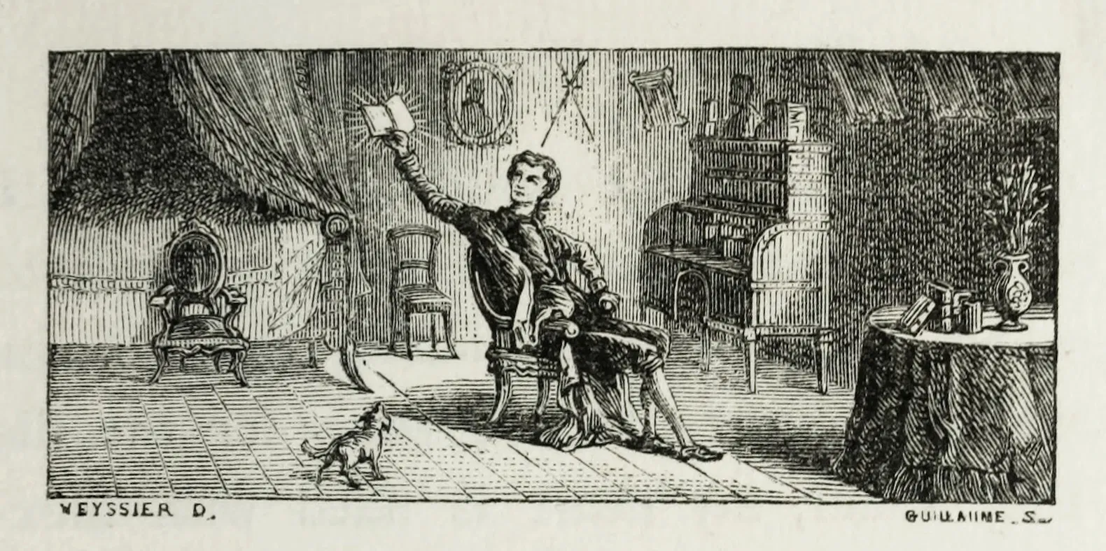 A detailed black-and-white illustration of a young man sitting in a study room with bookshelves, a fireplace, and a curtain. The man is holding a book in one hand and a staff or rod in the other, with a dog nearby.