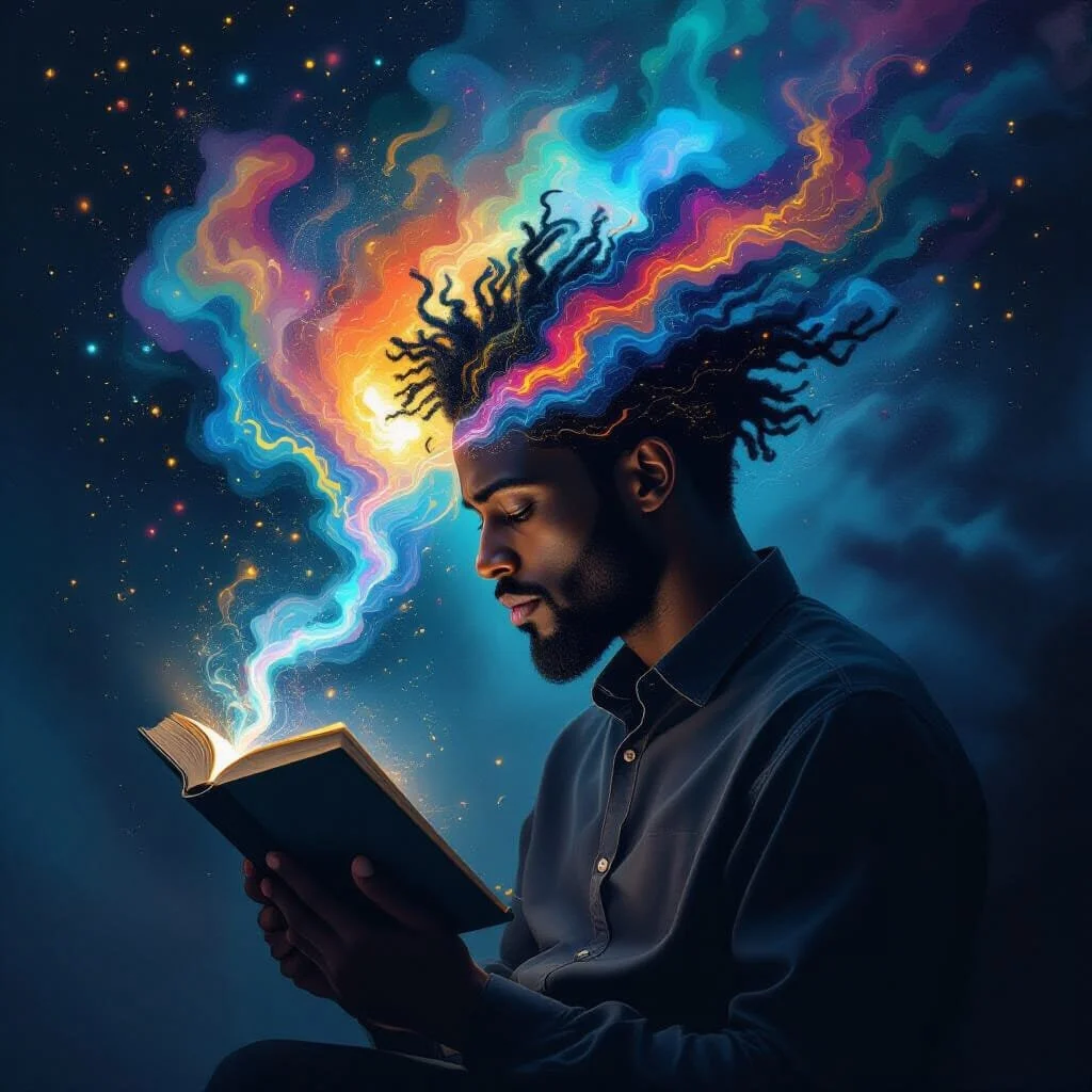 A man with dreadlocks reading a book with colorful cosmic light and energy emanating from his head, blending into the night sky background.