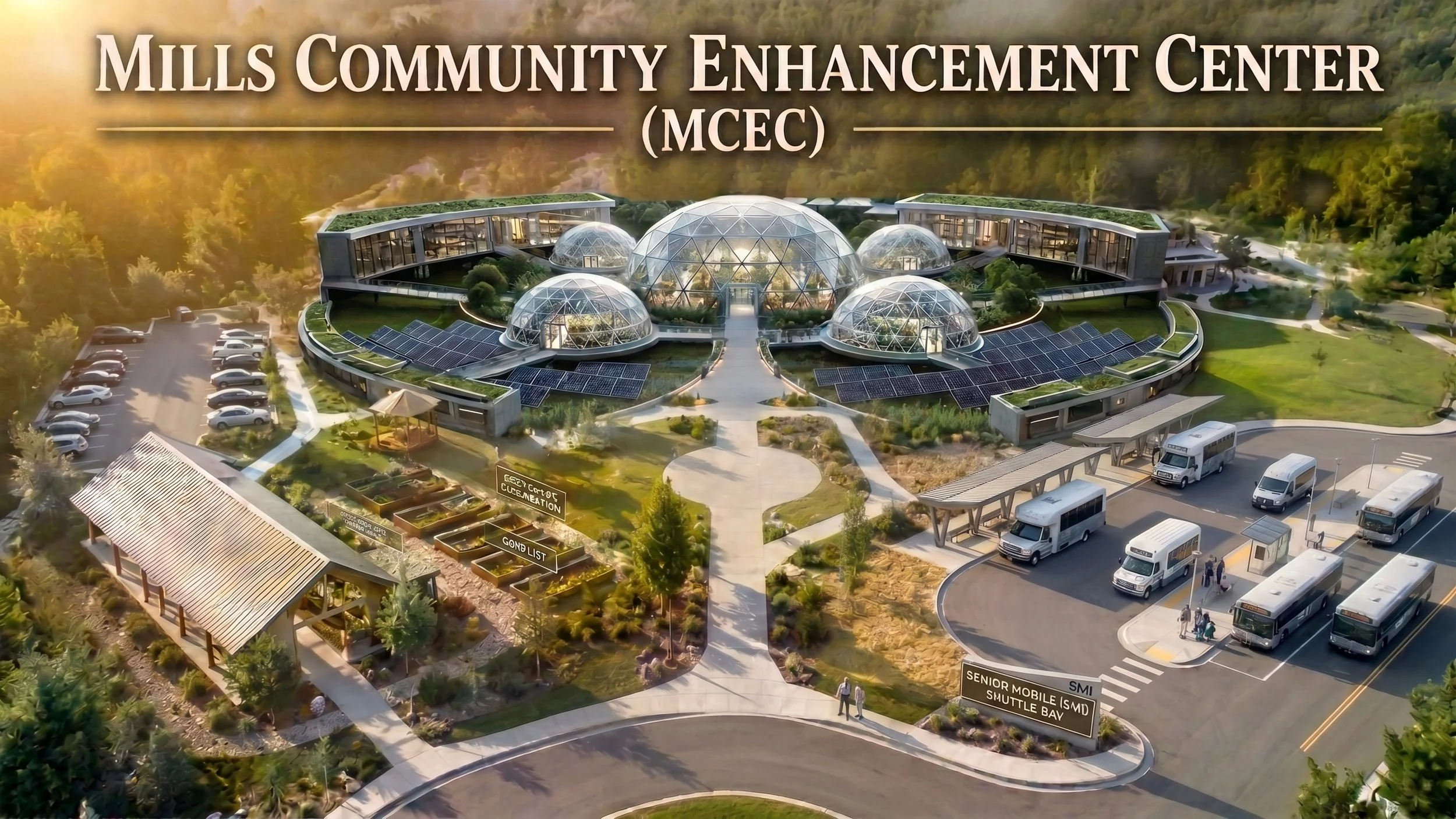 "Photorealistic aerial view of the Mills Community Enhancement Center (MCEC) campus. The facility features the central geodesic Ceres Dome, raised community garden beds representing the Biological Battery, solar microgrid infrastructure, and a dedica
