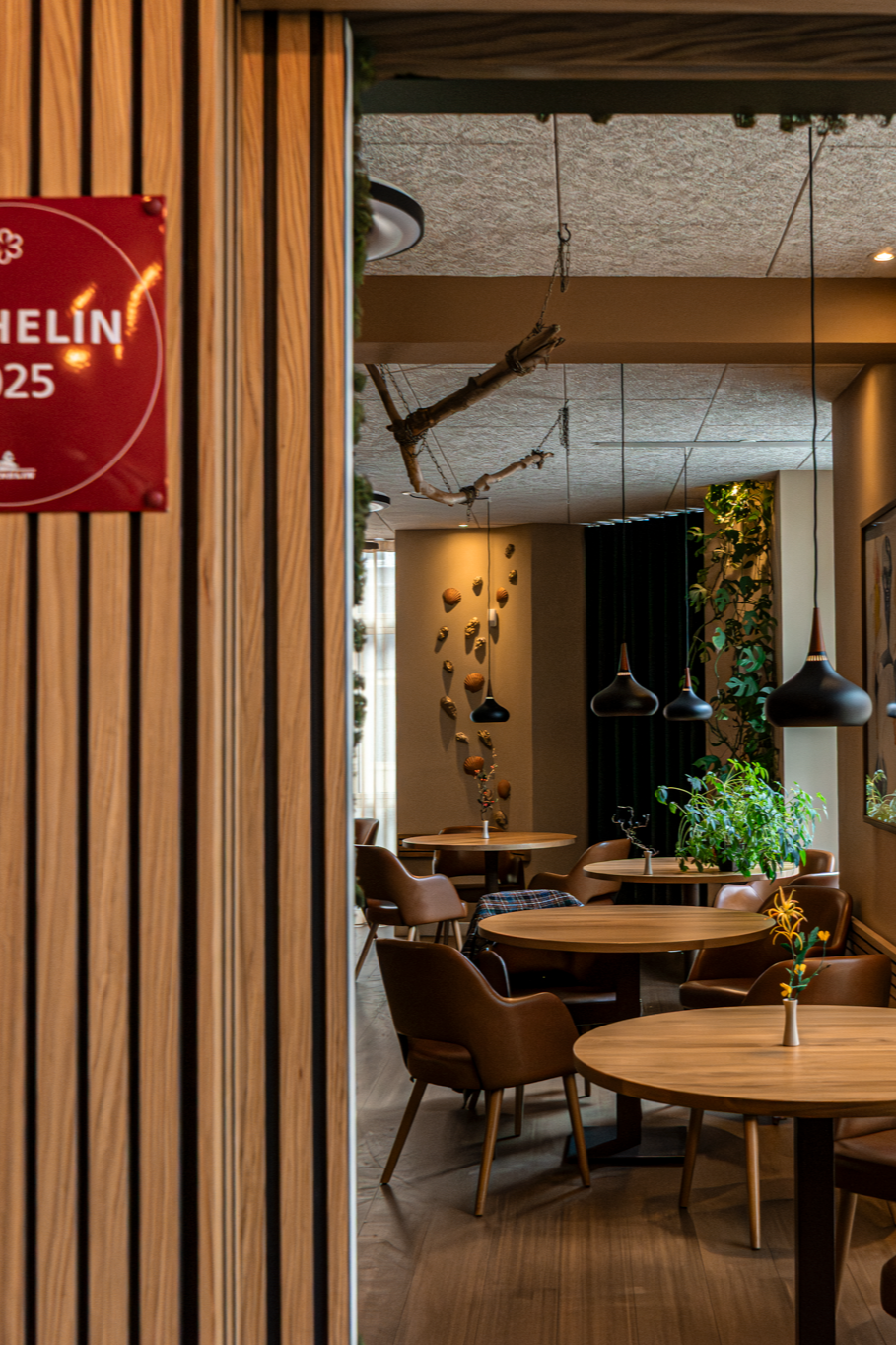 Interior of a cozy restaurant with wooden tables, leather chairs, hanging black pendant lights, plants, and decorative wall art.