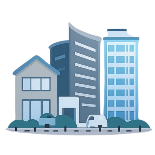 Illustration of urban buildings including a house, office buildings, and cars on a street