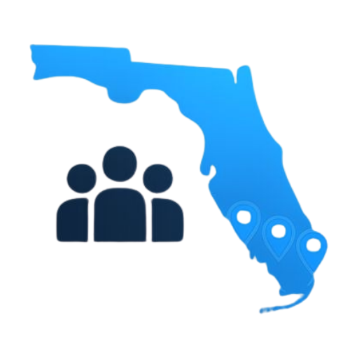 Silhouette of the state of Florida with three location markers and a group of people icon.