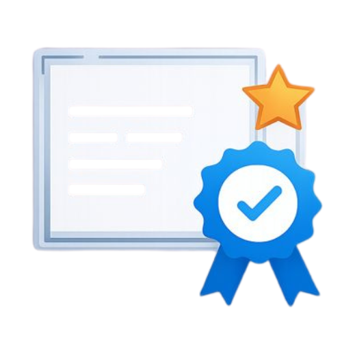 A certificate with a star and a blue ribbon with a checkmark.