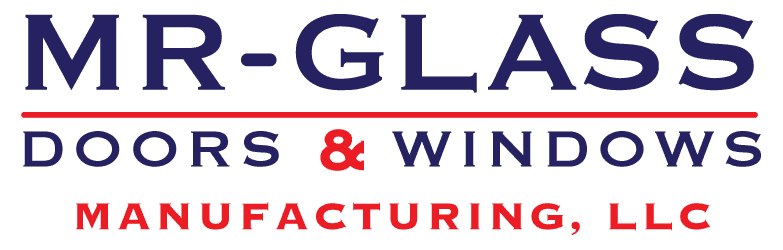 Logo for MR-GLASS DOORS & WINDOWS MANUFACTURING, LLC, with text in blue and red on a dark background.