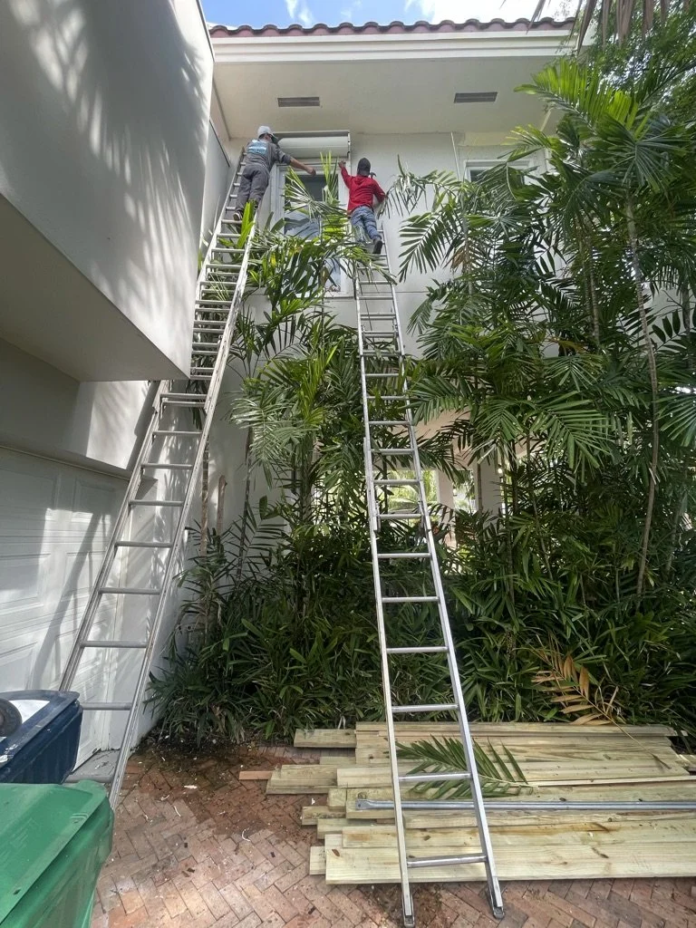 Two people working on a ladder next to a house with plants and construction materials nearby.