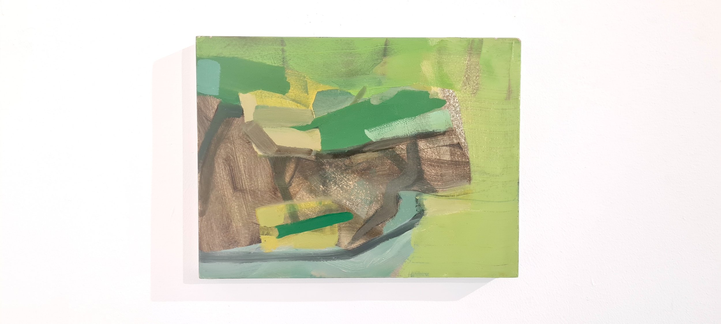 Small oil painting on canvas with gestural brushwork in green and yellow tones by Patricia Doherty — Unfixed Ground, Scenius Gallery Sligo