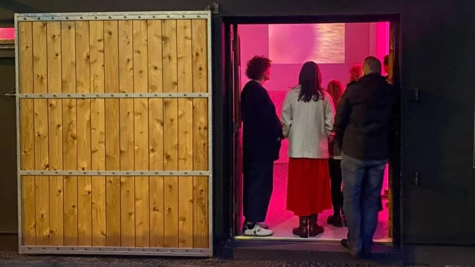 Installation view with visitors, With Their Backs to the Sky, Scenius Gallery Sligo, 2025