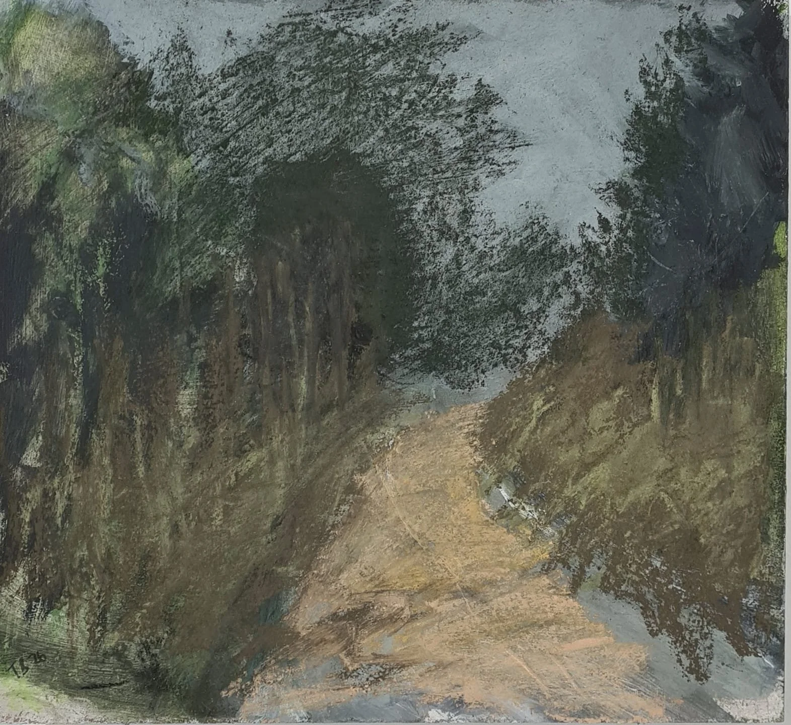 Painting of a golden dirt path rising through a gap in dark, densely wooded hedgerows, framed by trees against a pale grey sky. Tina Brooks, Natura, Scenius Gallery.