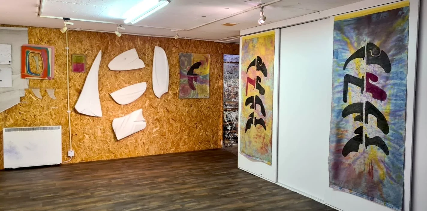 Installation view of WAKE III at Buoys & Gulls, Bundoran, showing surfboard fin blanks by Sam Heaton on the wall alongside Ian Jermyn's hanging fin pieces on coloured backgrounds.