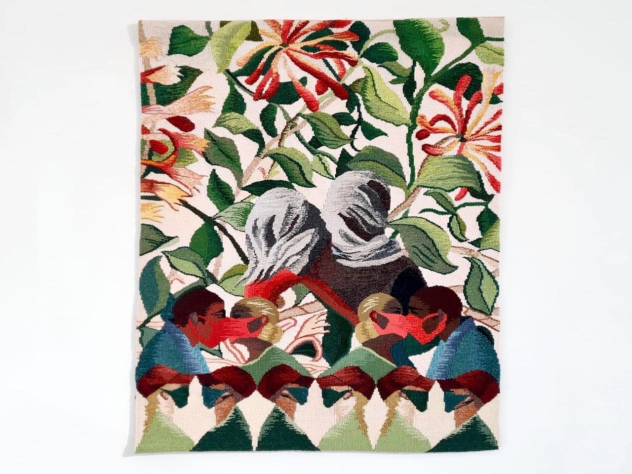 Frances Crowe, woven tapestry with mirrored figures and tropical foliage, Threading Land, Scenius Gallery, 2026