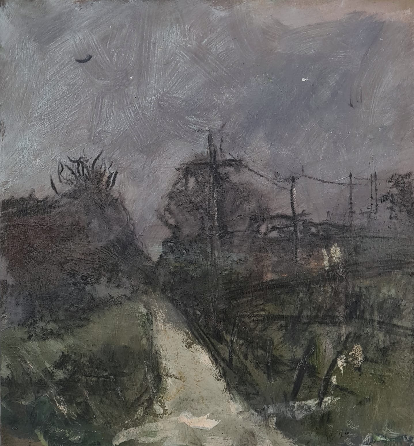 ainting of a misty path climbing between dark hedgerows past utility poles, with white blossoms in the foreground beneath a hazy grey sky. Tina Brooks, Natura, Scenius Gallery.
