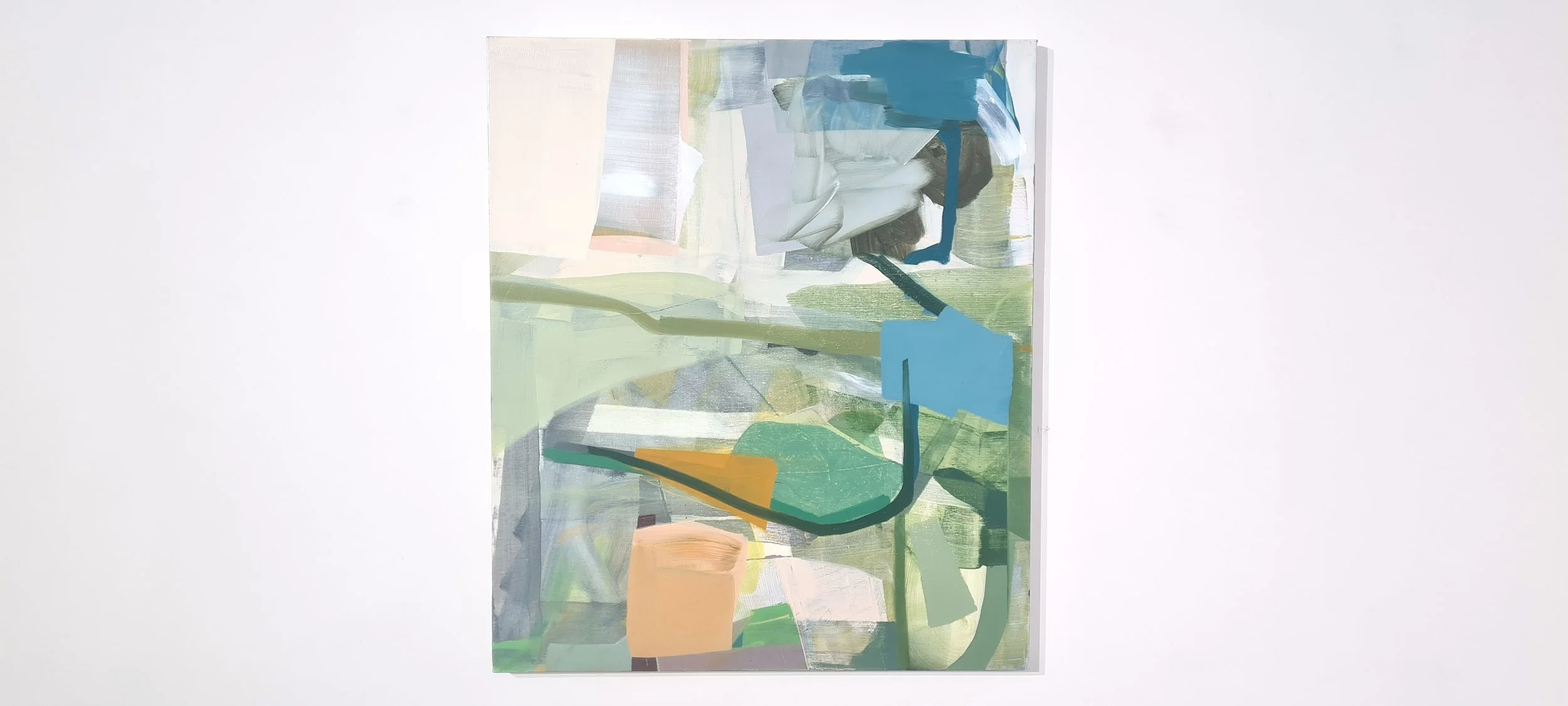 Oil painting on canvas with layered geometric forms in muted greens, grey-blue and teal by Patricia Doherty — Unfixed Ground, Scenius Gallery Sligo