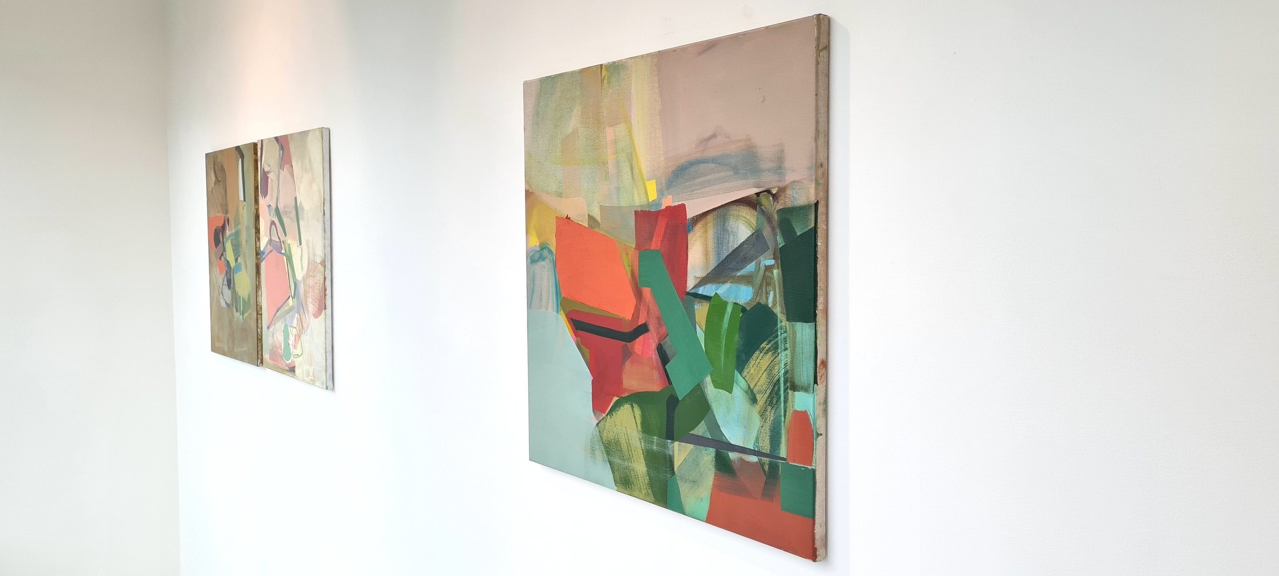 Two oil paintings on canvas by Patricia Doherty installed on a white gallery wall — Unfixed Ground, Scenius Gallery Sligo