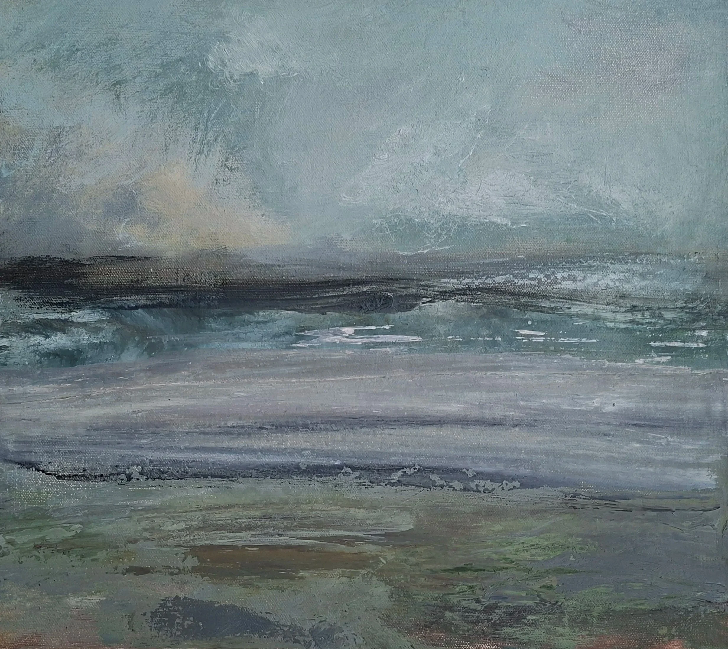 Muted seascape painting in grey-green and lilac tones, showing a dark headland along the horizon above calm water and a mossy green shoreline. Tina Brooks, Natura, Scenius Gallery.