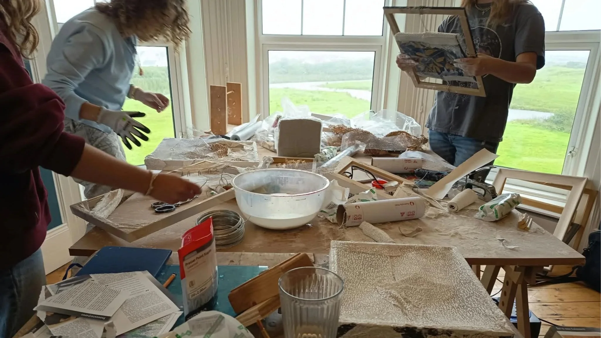 Irish Gap Year Association students building sculptural pieces from found materials for The Transatlantic Disportal.