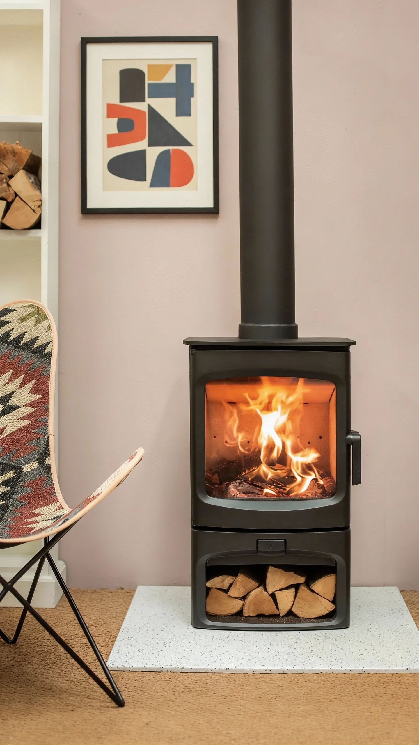 A modern black wood stove with a glass door showing a burning fire inside, set on a white speckled hearth with stacked firewood below. To the left, a colorful patterned chair is partially visible, and above the stove hangs a framed abstract art piece with geometric shapes in various colors on a light pink wall.