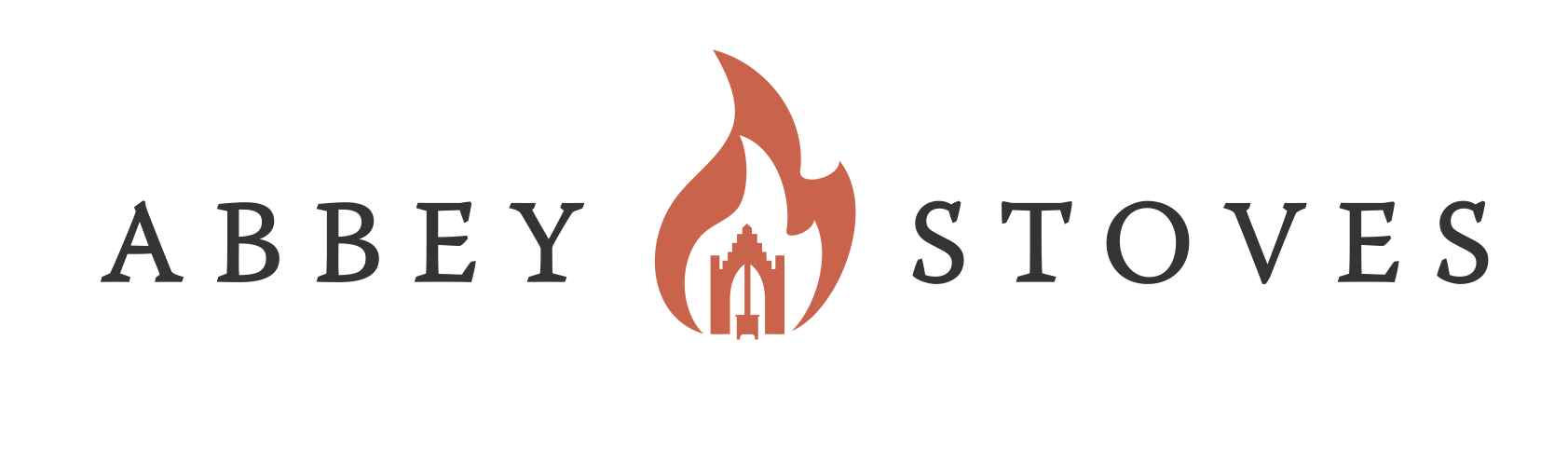 Abbey Stoves logo with an abstract flame and a silhouette of a building or church in the center.