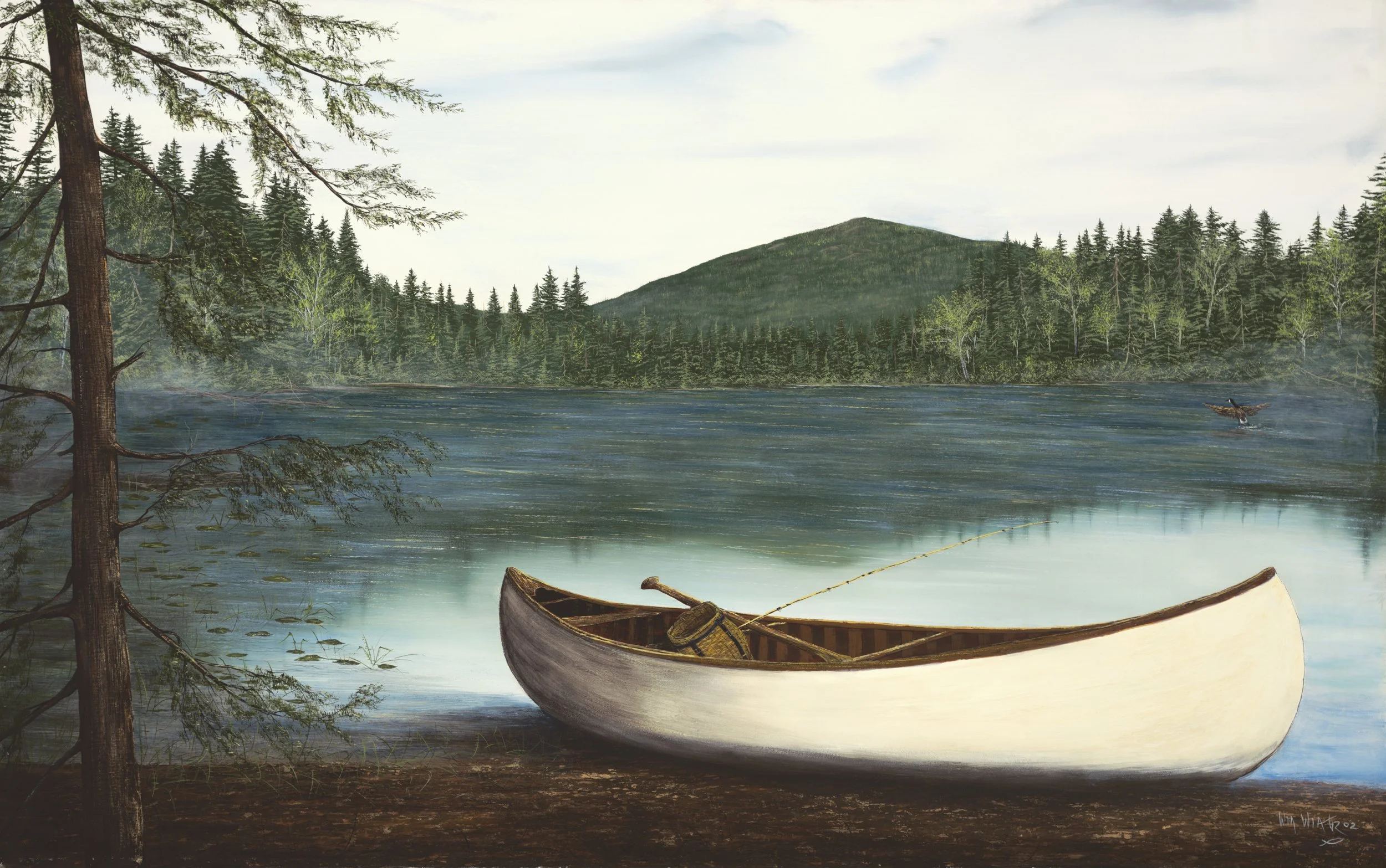 A painting of a peaceful lake scene with a white canoe on the shore, surrounded by trees and a mountain in the background, with a bird flying over the water.