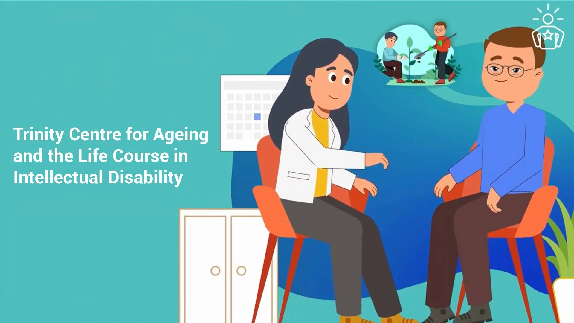 Illustration of a woman and a man having a conversation in a therapy or counseling setting. The background features the Trinity Centre for Ageing and the Life Course in Intellectual Disability logo and design elements.