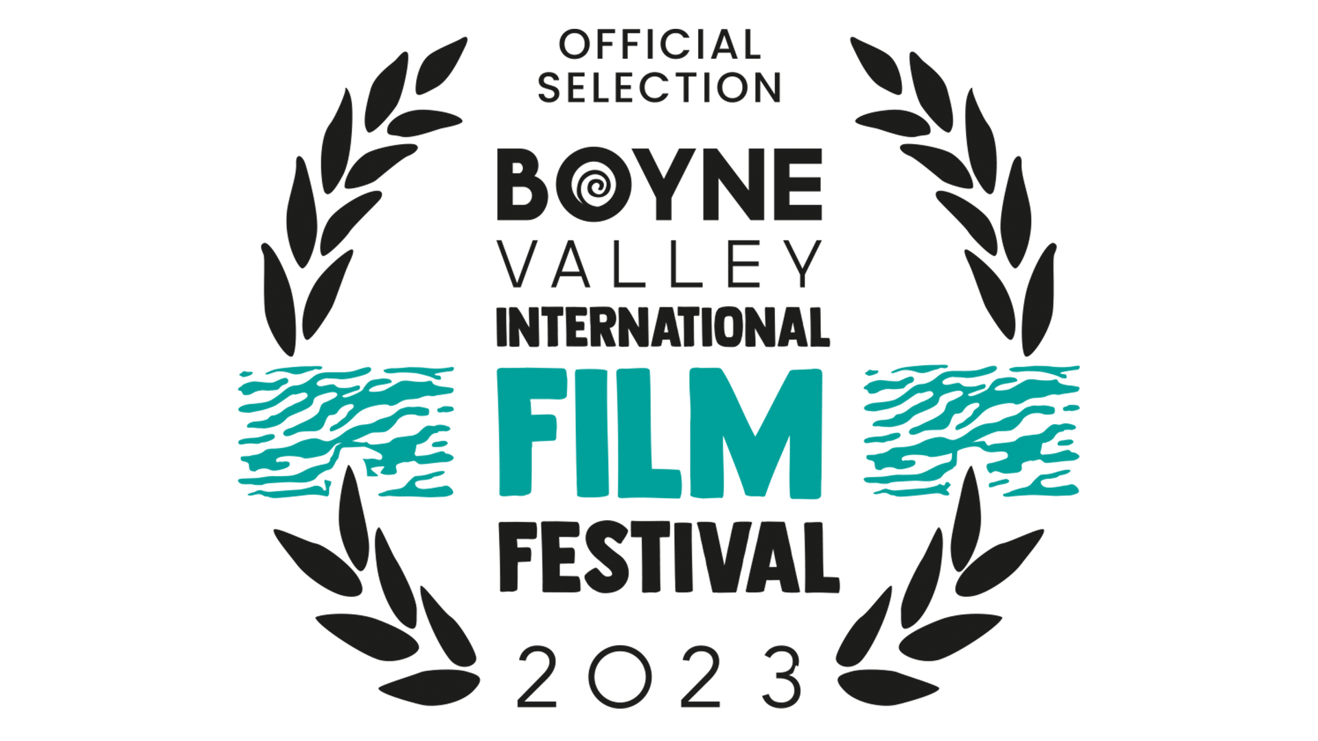 A stylized logo with a mountain range silhouette at the top, with a teal-colored zigzag line representing a heartbeat or signal wave running across the middle, an icon of a film festival laurel for the Boyne Valley Film Festival
