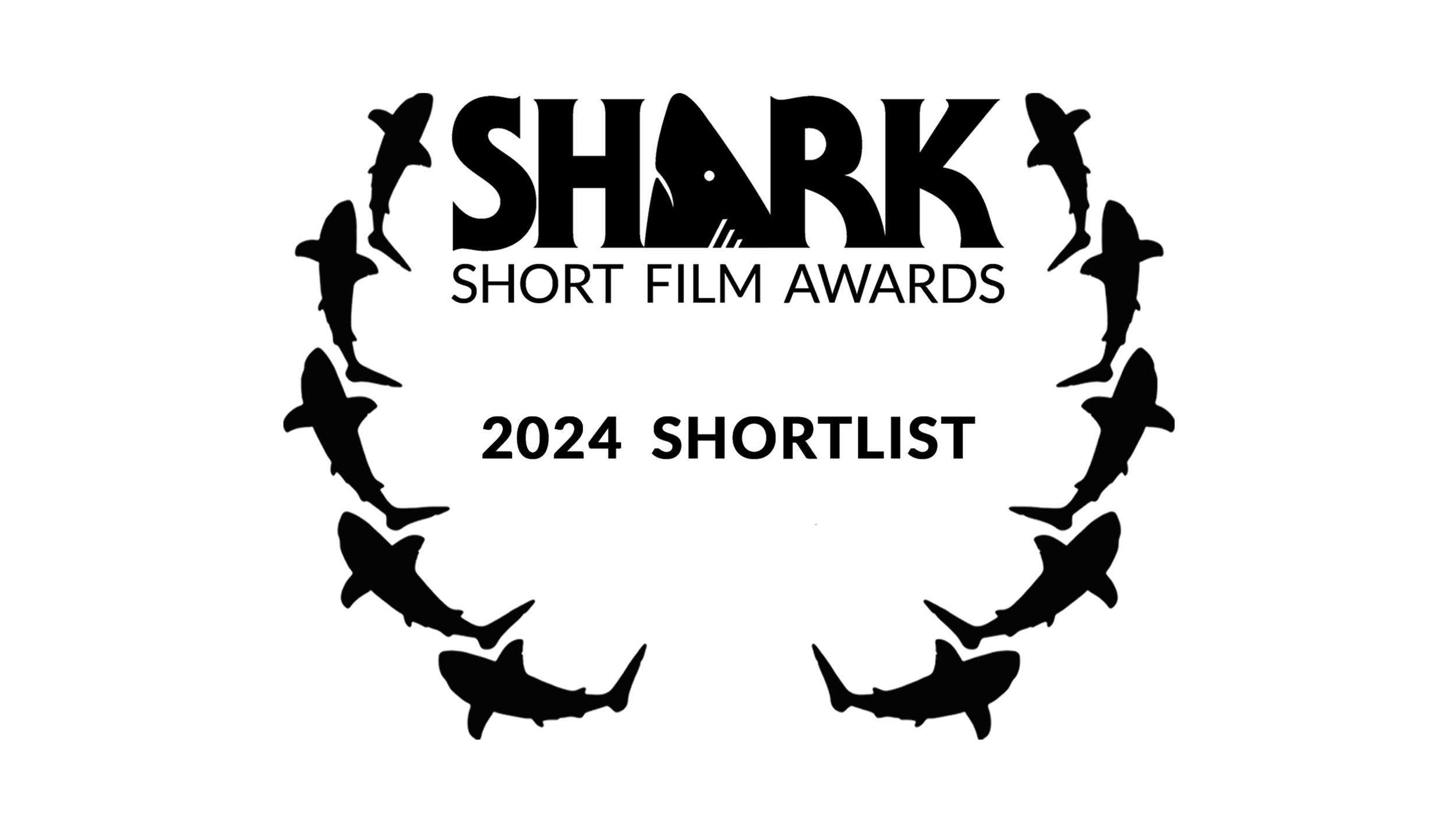 Black and white graphic featuring the text 'Shark Short Film Awards 2024 Shortlist' surrounded by a border of shark silhouettes.