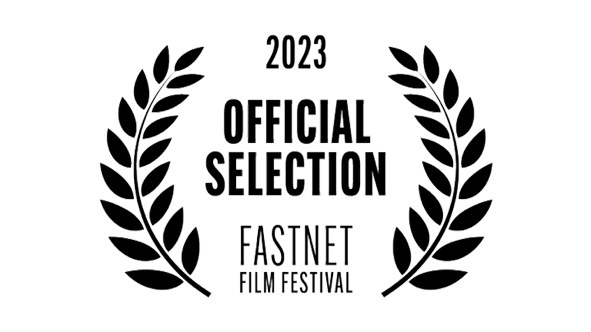 Laurel wreaths surround the text "2023 Official Selection Fastnet Film Festival" in black on a white background.