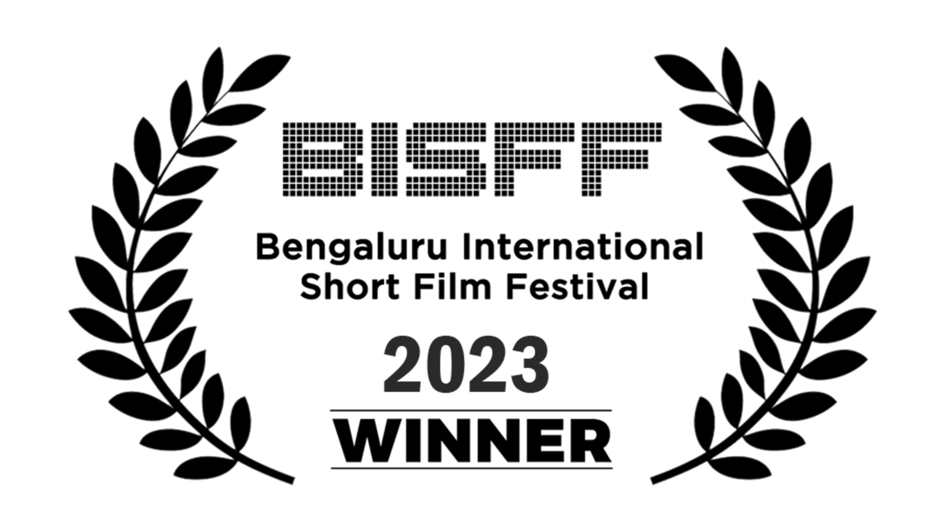 Award emblem for the Bengaluru International Short Film Festival with laurel branches and the word 'WINNER' at the bottom.