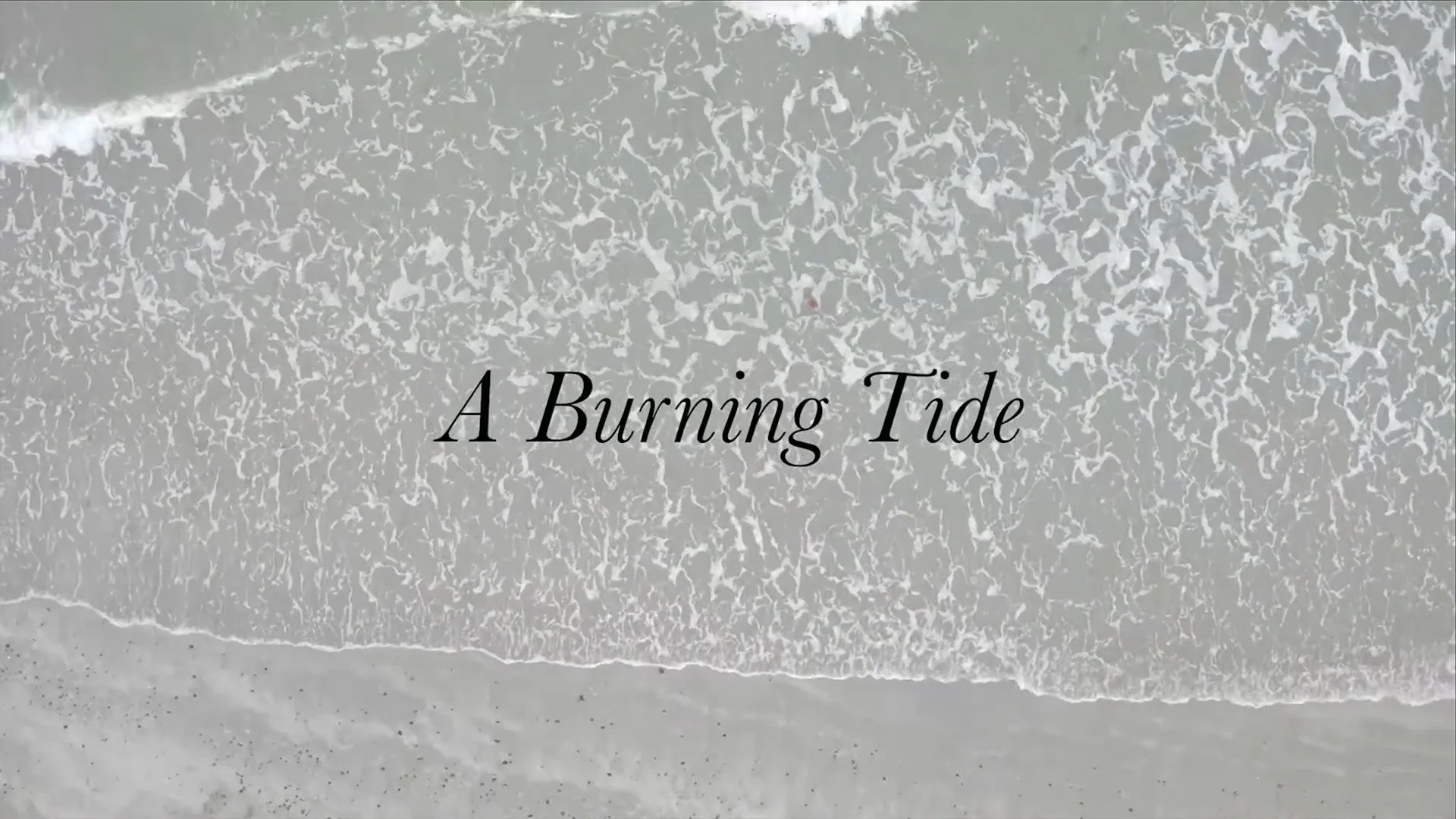 Overhead view of ocean waves crashing onto sandy beach with the text 'A Burning Tide' overlayed.