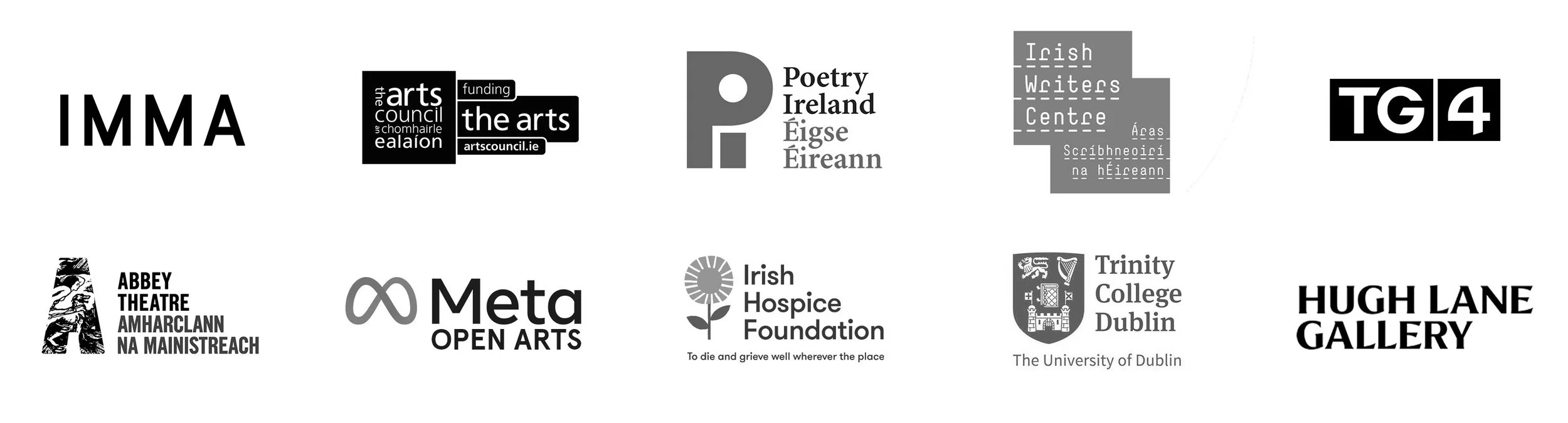 A collection of logos from Irish art and cultural organizations, including IMMA, arts council, Poetry Ireland, TG4, Abbey Theatre, Meta Open Arts, Irish Hospice Foundation, Trinity College Dublin, and Hugh Lane Gallery.