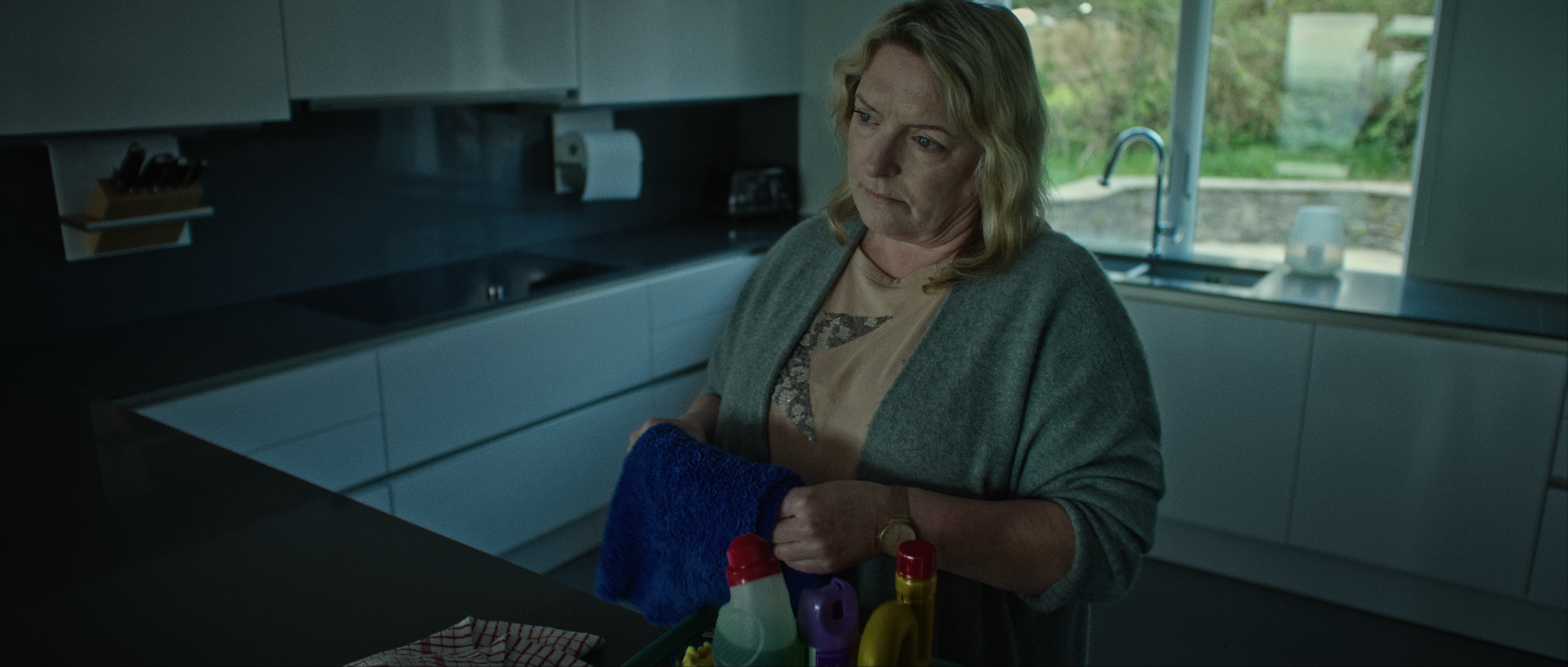 A woman with blonde hair holding a blue towel in a modern kitchen with white cabinets and a large window showing greenery outside.