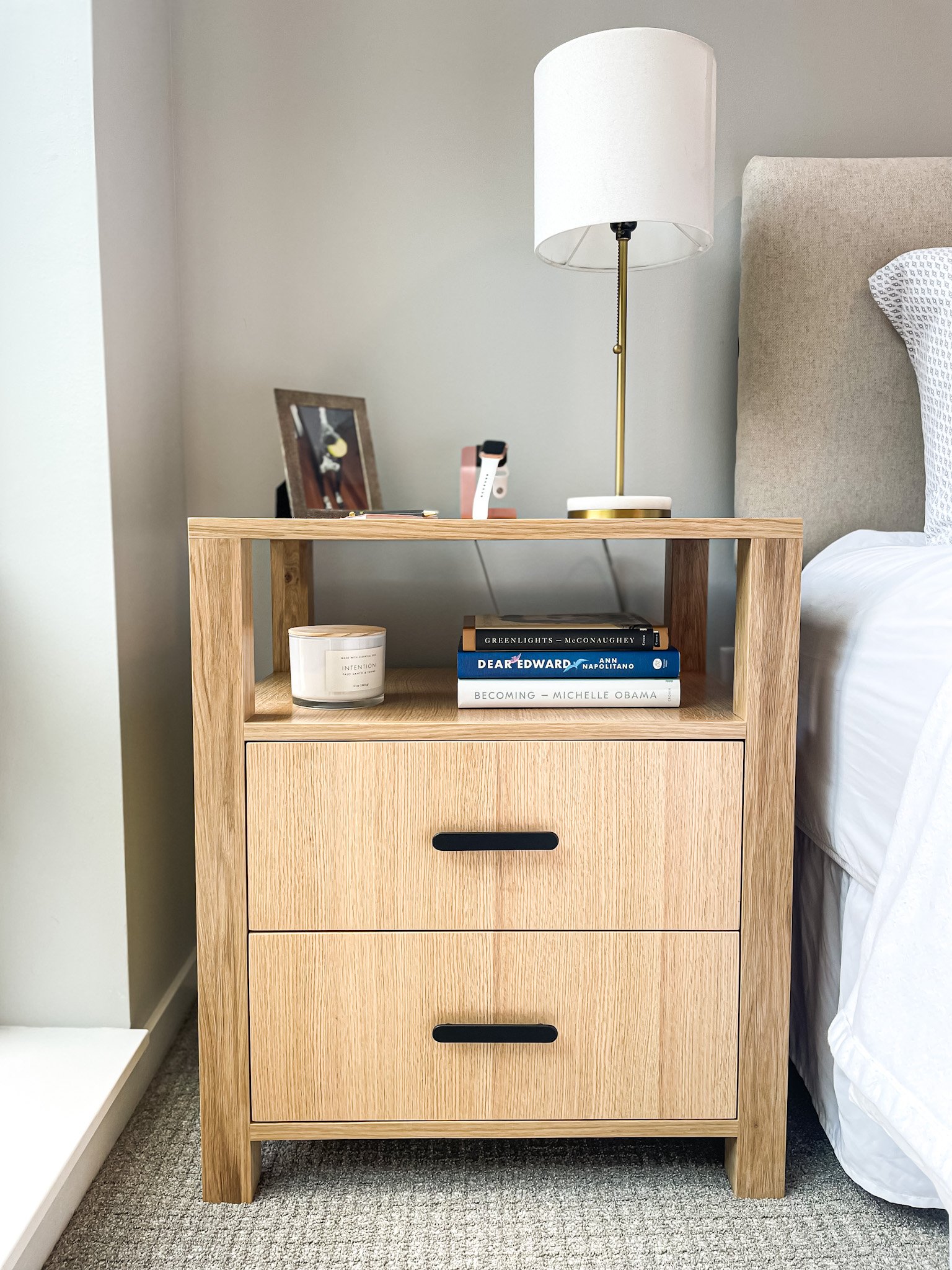 Custom white oak nightstand with bedroom decor