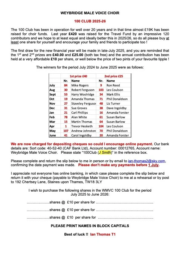 A letter from Weybridge Male Voice Choir announcing winners of the 100 Club for July 2024 to June 2025, listing prize amounts and winning members, with instructions for payments and purchasing shares for the following year.