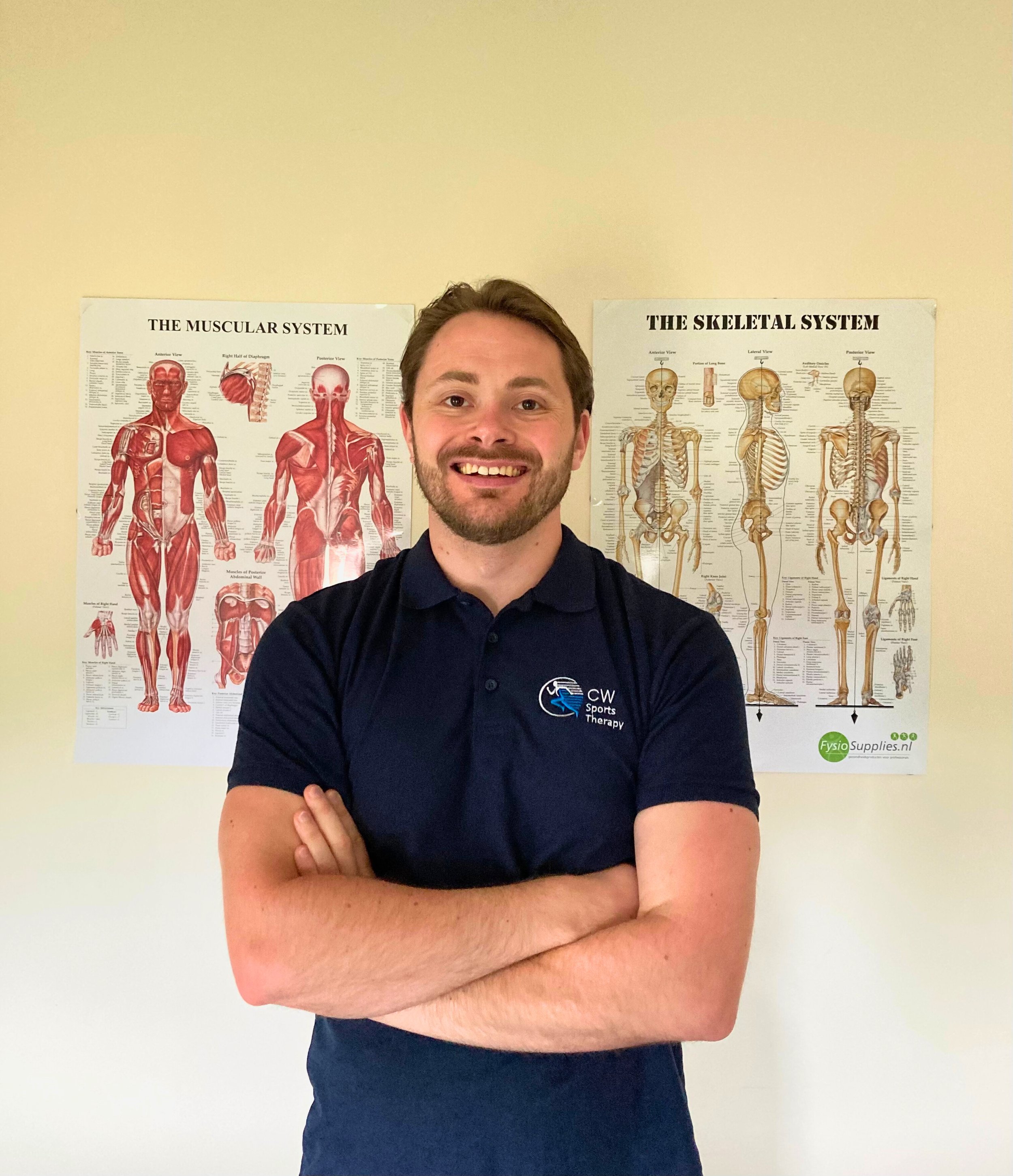 A man with a beard and short hair standing with arms crossed in front of two anatomical posters of the muscular and skeletal systems on a beige wall.