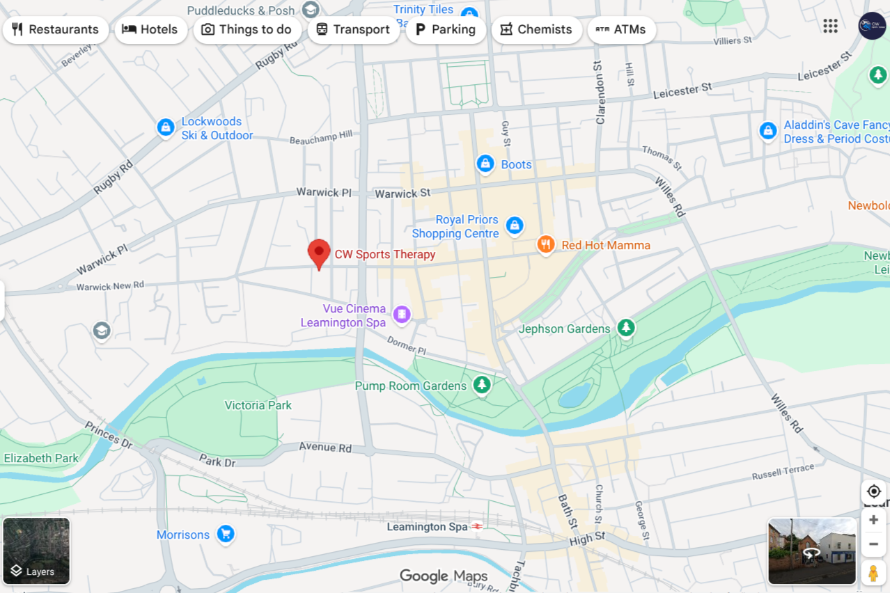 A map of a neighborhood showing streets, parks, shopping centers, and landmarks.