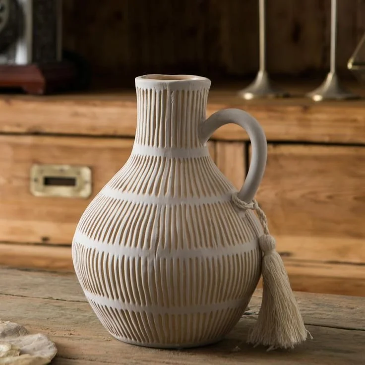 White ceramic vase with vertical grooves, a handle, and a tassel tied to the handle, placed on a wooden surface.