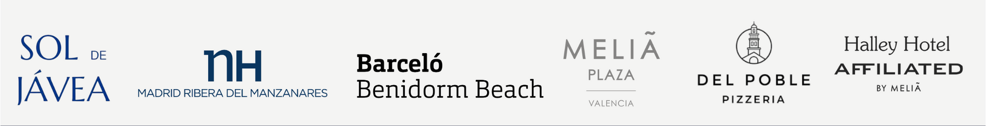 Logos de diferentes hoteles y lugares en España, incluyendo Sol de Jávea, NH Madrid Ribera del Manzanares, Barcelo Benidorm Beach, Meliá Plaza Valencia, del Poble Pizzería y Halley Hotel Affiliate by Meliá.